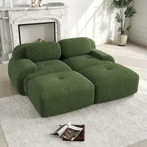 Rabatt Modulare Sofa Rippvelours - 2-Sitzer - mit 2 Kissen und 2 Hocker - rutschfester Boden - 208x178x70cm - Grün
