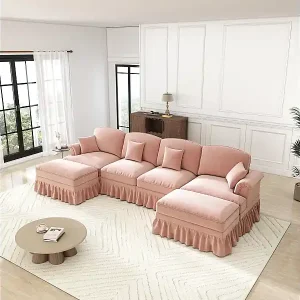Modulare U-Form Eckcouch 4-Sitzer - Chenille - Abnehmbarer Überwurf und 2 Hocker - 350x140x93cm - Rosa Expressversand
