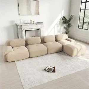Neu Im Sortiment Modulares Ecksofa 4-Sitzer - aus Rippensamt - mit 4 Kissen und Hocker - 388x178x75cm - Beige
