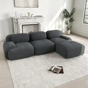Modulares Ecksofa 3-Sitzer - aus Rippensamt - mit 3 Kissen und Hocker - 298x178x75cm - Grau Beliebt