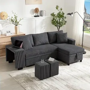 Top-Preis Umkehrbare 3-Sitzer-Eckcouch - aus Cordstoff - mit Stauraum, Regal und 2 Poufs - USB+Type-C-Anschluss - Grau