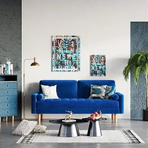 2 -seat blaues Samtsofa, Mini -Schlafzimmersofa mit Armlehnen, sich verjüngte Holzfüße, Sofa eine niedrige Rückenlehne festgelegt Super-Preis