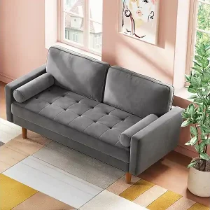 Rabatt Modernes 2 -Seterer grauer Samtsofa, gepolsterte Armlehnen, massives Holz, weiches Holz, 143x77x86cm