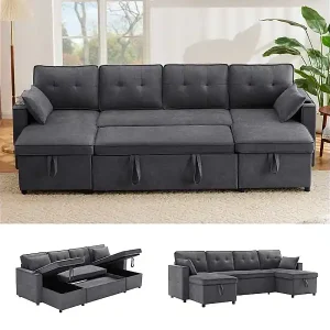 Preis Gesenkt Ecksofa mit 2 Stauräumen, Kissen und Getränkehaltern - Baumwolle & Leinen - 270×130×86 cm - Grau