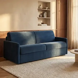 4-Sitzer Schlafsofa Express aus nachtblauem Samt mit Memory-Schaum-Sitzfläche - Liegefläche 160 cm - Matratze 18 cm CALIFE Beliebt