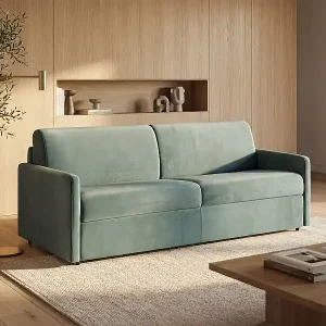 4-Sitzer Schlafsofa Express aus smaragdgrünem Samt mit Memory-Schaum-Sitz - Breite Lattenrostliegefläche 160 cm - 18 cm Matratze CALIFE Preisreduziert