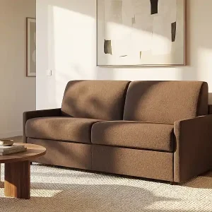 3-Sitzer-Schlafsofa Express aus braunem Stoff mit Memory-Foam-Sitzfläche - Liegefläche 140 cm - Matratze 22 cm Memory-Foam CALIFE Schnäppchen