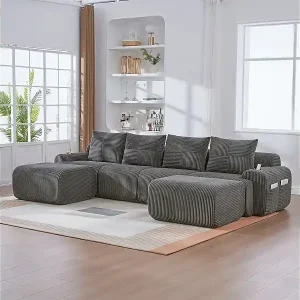 Modulares 4-Sitzer Ecksofa Rippensamt, 2 Hocker und 4 Kissen, 333x174x80cm, Anthrazit Sale