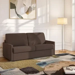 3-Sitzer-Schlafsofa Express in braunem Stoff mit Memory-Schaum-Sitzfläche - Breite Lattenroste 140 cm - 18 cm Matratze CALIFE Günstig