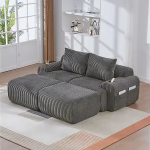 Versand Am Gleichen Tag Modulares Ecksofa Rippensamt, Getränkehalter, 2 Hocker und 2 Kissen, 200x174x80cm, Anthrazit