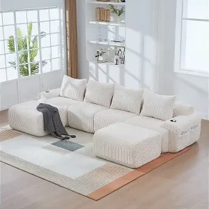 Modulares 4-Sitzer Ecksofa Rippensamt, 2 Hocker und 4 Kissen, 333x174x80cm, Beige Highlight