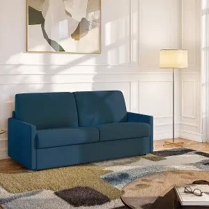 3-Sitzer Schlafsofa Express aus nachtblauem Stoff mit Memory-Schaum-Sitzfläche - Breite Lattenrost-Liegefläche 140 cm - 14 cm Matratze CALIFE Online Kaufen