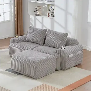 Saisonangebot Modulares 2-Sitzer Ecksofa Rippensamt, Hocker, Getränkehalter und Seitentasche, 200x174x80cm, Hellgrau
