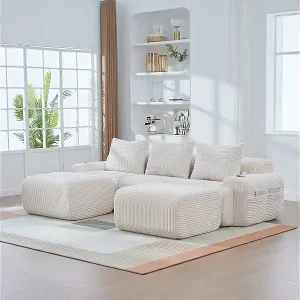 Modulares Ecksofa Rippensamt, Getränkehalter, 2 Hocker und 3 Kissen, 268x174x80cm, Beige Schnäppchen