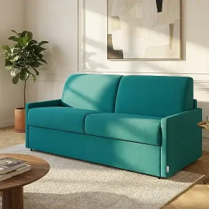 2-Sitzer-Schlafsofa Express in türkisblauem Stoff mit Memory-Schaum-Sitz - Liegefläche 120 cm - Matratze 22 cm Memory-Schaum CALIFE Nur Für Kurze Zeit