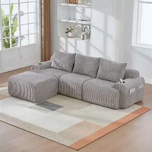 Bestpreis Modulares 3-Sitzer Ecksofa Rippensamt, Hocker, Getränkehalter und Seitentasche, 268x174x80cm, Hellgrau