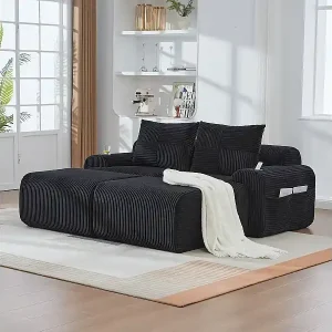 Must-Have Modulares Ecksofa Rippensamt, Getränkehalter, 2 Hocker und 2 Kissen, 200x174x80cm, Schwarz