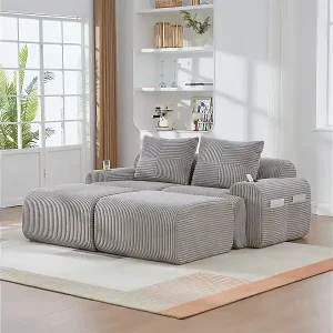 Modulares Ecksofa Rippensamt, Getränkehalter, 2 Hocker und 2 Kissen, 200x174x80cm, Hellgrau Begrenztes Angebot