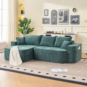 Modulares Ecksofa links - Chenille Grün - 3 Sitzkissen und 2 Zierkissen - 262x144x65cm Zertifiziert