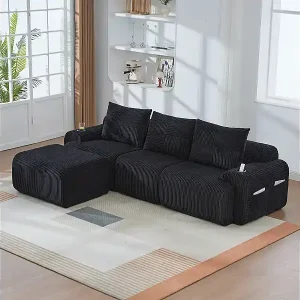 Bestseller Modulares 3-Sitzer Ecksofa Rippensamt, Hocker, Getränkehalter und Seitentasche, 268x174x80cm, Schwarz