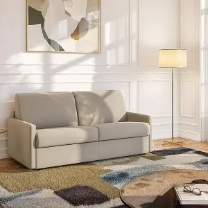 2-Sitzer-Schlafsofa Express in beigem Stoff mit Memory-Schaum-Sitzfläche - Liegefläche 120 cm - Matratze 18 cm CALIFE Neue Ware