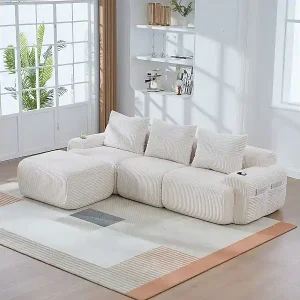 Gratis Versand Modulares 3-Sitzer Ecksofa Rippensamt, Hocker, Getränkehalter und Seitentasche, 268x174x80cm, Beige