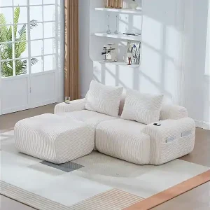Modulares 2-Sitzer Ecksofa Rippensamt, Hocker, Getränkehalter und Seitentasche, 200x174x80cm, Beige Knallerangebot