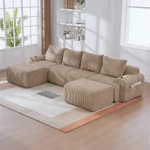 Top-Preis Modulares 4-Sitzer Ecksofa Rippensamt, 2 Hocker und 4 Kissen, 333x174x80cm, Khaki