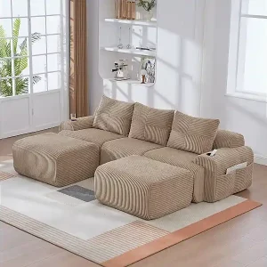 Modulares Ecksofa Rippensamt, Getränkehalter, 2 Hocker und 3 Kissen, 268x174x80cm, Khaki Geprüft