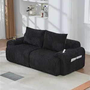 Modulares 2-Sitzer Sofa Rippensamt, Getränkehalter und Seitentasche, 200x99x80cm, Schwarz Zertifiziert