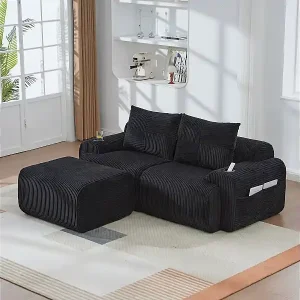 Neue Kollektion Modulares 2-Sitzer Ecksofa Rippensamt, Hocker, Getränkehalter und Seitentasche, 200x174x80cm, Schwarz
