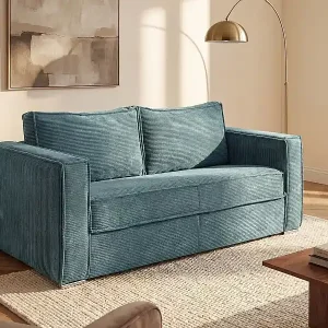 Bestseller 3-Sitzer-Schlafsofa Express aus türkisblauem Cord mit Memory-Schaum-Sitz - Breite Latten 140 cm Liegefläche - 18 cm Matratze LORETO