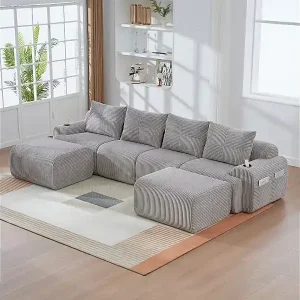 Neue Kollektion Modulares 4-Sitzer Ecksofa Rippensamt, 2 Hocker und 4 Kissen, 333x174x80cm, Hellgrau