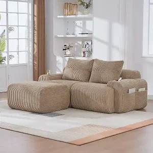 Angebot Modulares 2-Sitzer Ecksofa Rippensamt, Hocker, Getränkehalter und Seitentasche, 200x174x80cm, Khaki