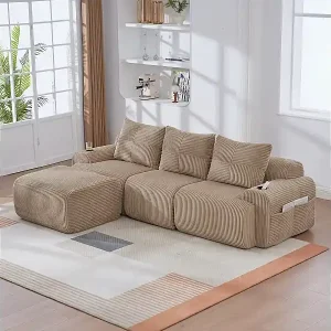 Modulares 3-Sitzer Ecksofa Rippensamt, Hocker, Getränkehalter und Seitentasche, 268x174x80cm, Khaki Super-Preis