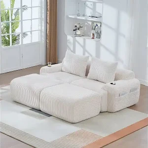 Modulares Ecksofa Rippensamt, Getränkehalter, 2 Hocker und 2 Kissen, 200x174x80cm, Beige Markenprodukt