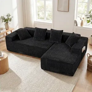 Neue Ware Modulares 3-sitziges Ecksofa Rechts, in Rippvelours schwarz, mit 4 Kissen, Liegefläche und Seitentasche, 261x156x80cm