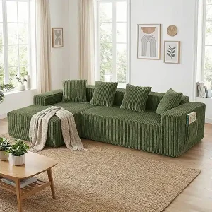 Modulares Ecksofa Links - in Rippvelours Grün - 3-sitzig - mit 4 Kissen und Liegefläche - 261x156x80cm Top-Preis