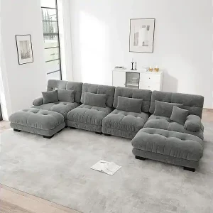 Geprüft Modulare Ecksofa 4-Sitzer - mit 2 Hockern und 6 Kissen - DIY U/L-Form - 406x145x81cm - Grau