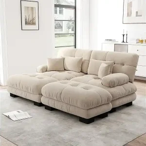 Ecksofa 2-Sitzer + 2 Hocker - mit 4 Kissen - Chenille Stoff beige - 220x145x81cm Sofort Bestellen