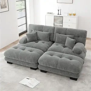 Ecksofa 2-Sitzer + 2 Hocker - mit 4 Kissen - Chenille Stoff grau - 220x145x81cm Ausverkauf