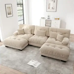Versand Am Gleichen Tag Großes modulares Ecksofa - 3-Sitzer - mit 2 Hockern und 5 Kissen - Chenille Stoff beige - 313x145x81cm