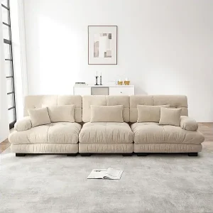 Aktuell Großes Sofa beige - 3-Sitzer - mit 5 Kissen - Massivholzgestell - Chenille - 313x77x81cm