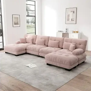Modulare Ecksofa 4-Sitzer - mit 2 Hockern und 6 Kissen - DIY U/L-Form - 406x145x81cm - Rosa Top-Preis