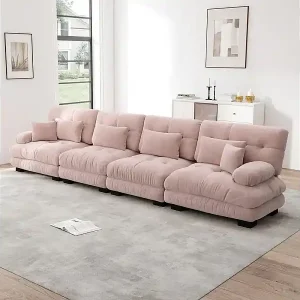 Bestseller Sofa 4-Sitzer Chenille Stoff rosa - mit 6 Kissen - Massivholzgestell - 406x77x81cm