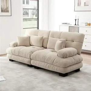 Sofa 2-Sitzer beige - mit 4 Kissen - Massivholzgestell + Chenille Stoff - 220x77x81cm Neue Ware