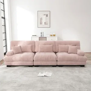 Saisonangebot Großes Sofa rosa - 3-Sitzer - mit 5 Kissen - Massivholzgestell - Chenille - 313x77x81cm