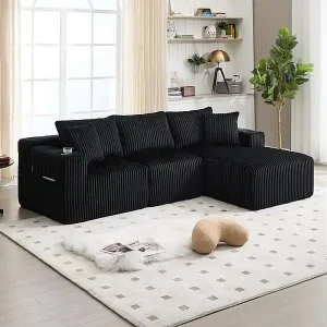 Modulare Eckcouch 3-sitzer, aus Cord, mit Getränkehalter, Kissen und Seitentaschen, Liege 118cm, Schwarz Kostenloser Rückversand