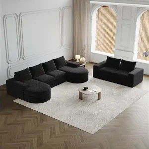 Modulare reversible 6-Sitzer Eckcouch, mit 6 Kissen und Nackenkissen, Chenille Stoff, DIY Wohnzimmer, Schwarz Schnäppchen