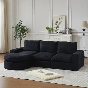 Modulare 3-Sitzer Eckcouch, mit verstellbarer gebogener Relaxliege, 3 Kissen und Nackenkissen, Chenille Stoff, Schwarz Top-Seller